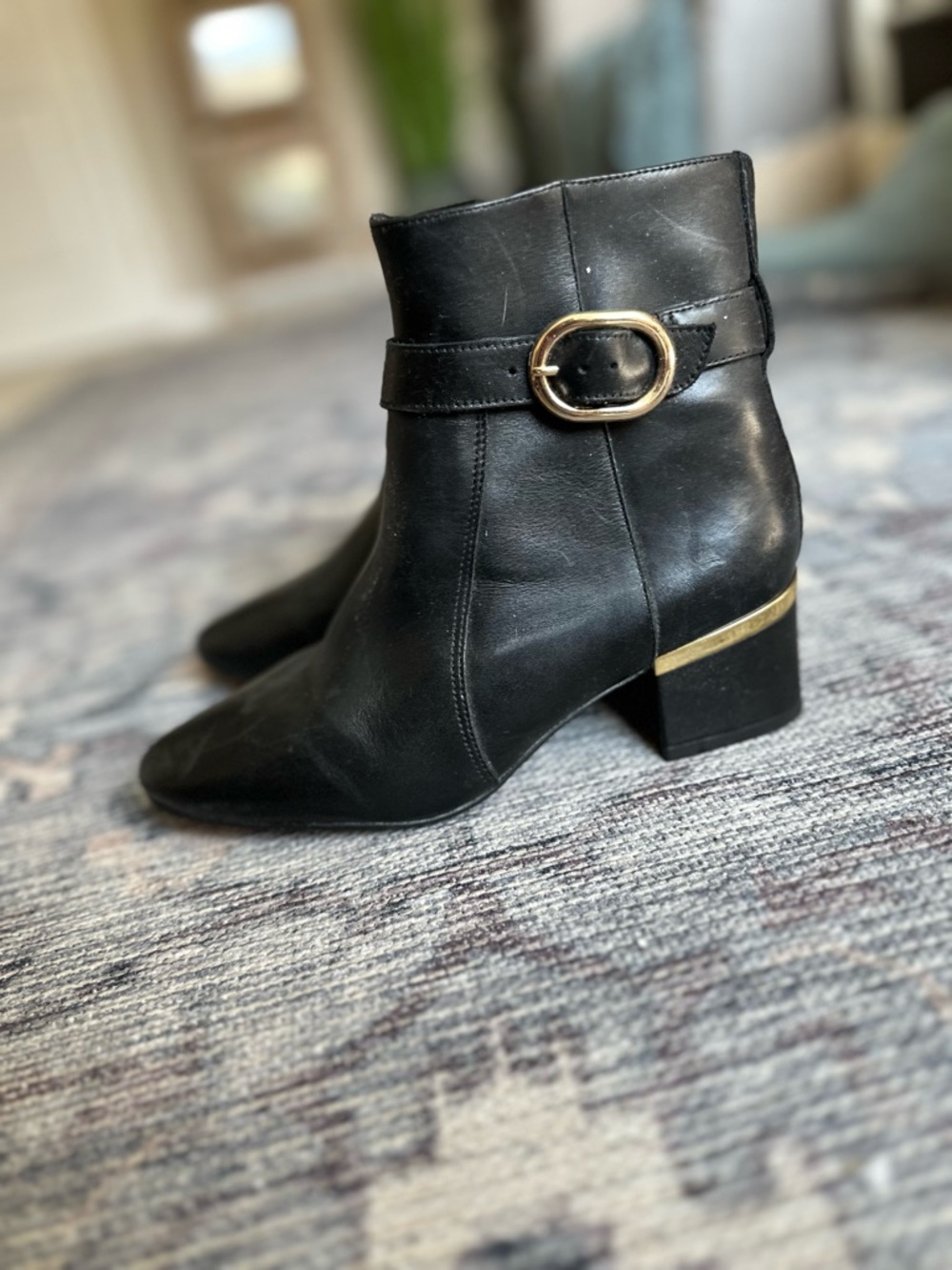 Talbots Black Leather Ankle Boots with Gold Buckle